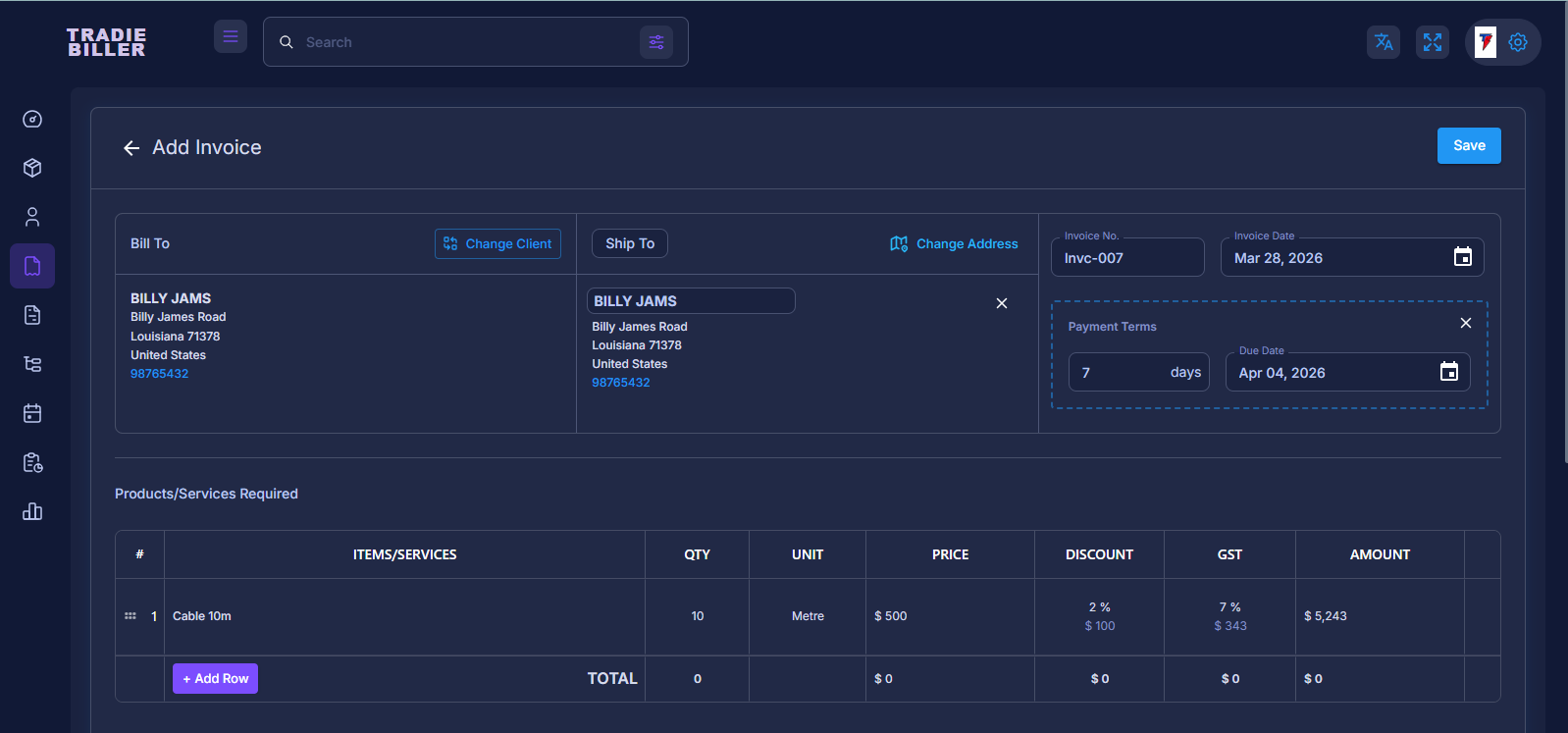 Create Invoice Screen
